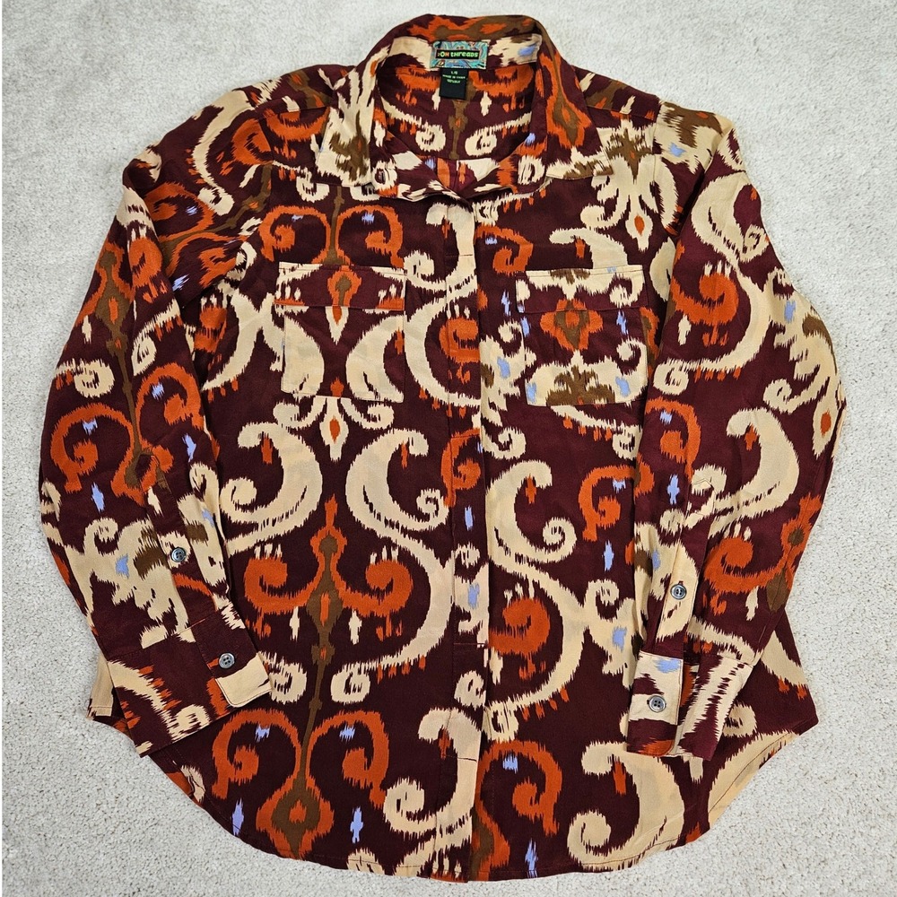 2 Old Hippies 100% Silk Button Down Shirt Fall Ikat Print Bohemian Top Sz Large